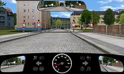 Sie fahren innerorts mit 30 km/​h. Ein Stück vor Ihnen befindet sich ein Bahnübergang, an dem gelbe Lichtzeichen zu sehen sind.