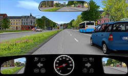 Sie fahren innerorts mit etwa 25 km/​h auf dem linken von zwei Fahrstreifen für Ihre Richtung. Ein Stück weit vor Ihnen auf der rechten Seite befindet sich eine Bushaltestelle, an der ein Bus mit Warnblinklicht hält. Auf dem rechten Fahrstreifen befindet sich ein Stück weit vor Ihnen ein blauer Pkw, der den haltenden Bus fast erreicht hat.