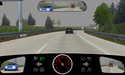 Sie fahren auf einer Autobahn mit etwa 75 km/​h auf dem rechten von zwei Fahrstreifen für Ihre Richtung.