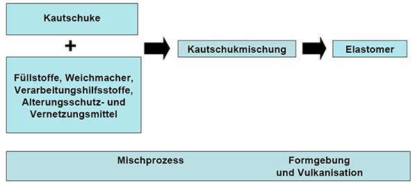 In der Abbildung D1 wird die Herstellung der Elastomere beschrieben. In einem Mischprozess wird aus Kautschuken mit weiteren Ausgangsstoffen (Füllstoffe, Weichmacher, Verarbeitungshilfsstoffe, Alterungsschutz- und Vernetzungsmittel) eine Kautschukmischung hergestellt. Die Formgebung und die Vulkanisation der Kautschukmischung erfolgt in einem Prozess. Durch Vulkanisation der Kautschukmischung entsteht das Elastomer. 