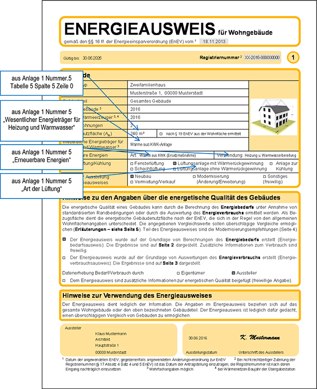 Seite 1 eines Energieausweises mit Kennzeichnung der Einfügungsstellen