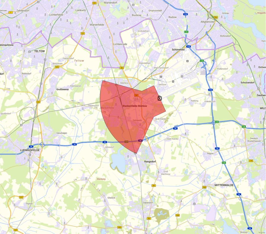 Kartendarstellung der Lage der Flugsicherungseinrichtung und des Anlagenschutzbereichs