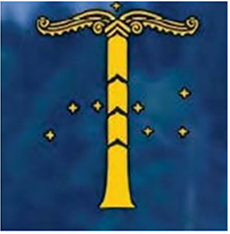 Auf der Abbildung ist eine T-förmige, vierteilige gelbe Säule vor einem dunkelblauen Hintergrund und dem Sternbild „Großer Wagen“ abgebildet