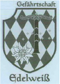 Auf der Abbildung befindet sich ein vom Schriftzug „Gefährtschaft Edelweiß“ eingefasstes Wappenschild mit einem rautenförmigen Muster und einem Edelweiß