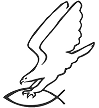 Die Abbildung zeigt einen Adler, der im Sturzflug ein christliches Symbol in Form eines Fisches mit den Krallen greift