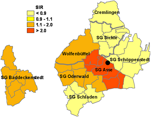 Standardisierte Inzidenzverhältnisse (SIR) entsprechend Tabelle 2.5 für Schilddrüsenkrebs bei Frauen im LK Wolfenbüttel nach Samtgemeinden bzw. Gemeinden, 2002 bis 2009. Der Punkt bezeichnet die ungefähre Lage der Schachtanlage Asse II.