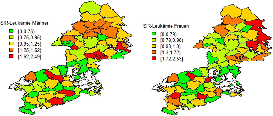 Standardisierte „rohe“ Inzidenzverhältnisse (SIR) für Leukämien bei Männern und Frauen im ehemaligen RB Braunschweig 2002 bis 2009 nach Samtgemeinden bzw. Gemeinden. Die weißen Felder sind gemeindefreie Gebiete. Die Farbcodierung zeigt die SIR-Werte der Größe nach geordnet und in Klassen von je 25 % eingeteilt, die 10 % höchsten Werte sind zusätzlich rot eingefärbt.
