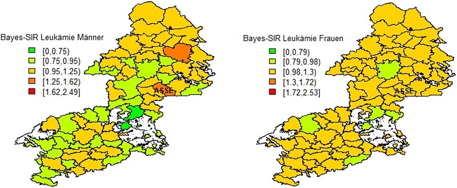 Bereinigte standardisierte Inzidenzverhältnisse (SIR) nach Anwendung des vollständigen Bayes-Verfahrens für Leukämien bei Männern und Frauen im ehemaligen RB Braunschweig 2002 bis 2009 nach Samtgemeinden bzw. Gemeinden. Die weißen Felder sind gemeindefreie Gebiete. Die Farbcodierung zeigt die SIR-Werte der Größe nach geordnet und in Klassen von je 25 % eingeteilt, die 10 % höchsten Werte sind zusätzlich rot eingefärbt (gleiche Klassengrenzen wie Abbildung 3.1).