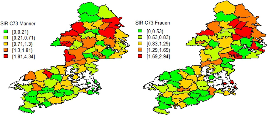 Standardisierte „rohe“ Inzidenzverhältnisse (SIR) für Schilddrüsenkrebs bei Männern und Frauen im ehemaligen RB Braunschweig 2002 bis 2009 nach Samtgemeinden bzw. Gemeinden. Die Farbcodierung zeigt die SIR-Werte der Größe nach geordnet und in Klassen von je 25 % eingeteilt, die 10 % höchsten Werte sind zusätzlich rot eingefärbt. Die weißen Felder sind gemeindefreie Gebiete.