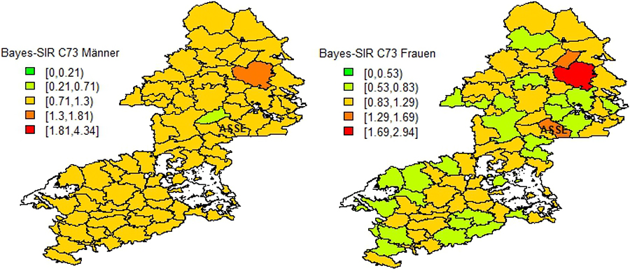Erwartete standardisierte Inzidenzverhältnisse (SIR) nach Anwendung des vollständigen Bayes-Ansatzes für Schilddrüsenkrebs bei Männern und Frauen im ehemaligen RB Braunschweig 2002 bis 2009 nach Samtgemeinden bzw. Gemeinden. Die Farbcodierung zeigt die SIR-Werte der Größe nach geordnet und in Klassen von je 25 % eingeteilt, die 10 % höchsten Werte sind zusätzlich rot eingefärbt. Die weißen Felder sind gemeindefreie Gebiete (gleiche Klassengrenzen wie Abbildung 3.3).