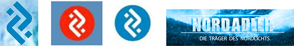 Kennzeichen „Nordadler“ aus runenähnlichen Haken und Punkten in dunkelblau und auf hellblauem Grund, in weiß auf blauem Grund und in weiß auf rotem Grund sowie das Kennzeichen „Nordadler“ mit dem Schriftzug „DIE TRÄGER DES NORDLICHTS“