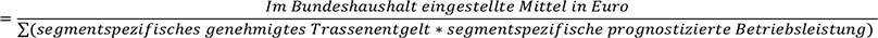 Formel: Im Bundeshaushalt eingestellte Mittel in Euro, geteilt durch die Summe aus dem segmentspezifischen genehmigten Trassenentgelt, multipliziert mit der segmentspezifischen prognostizierten Betriebsleistung, ergibt gleich.