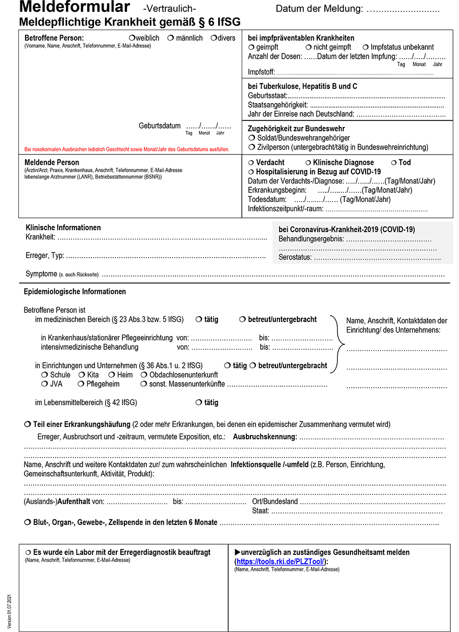 Meldeformular meldepflichtiger Krankheiten § 6 IfSG