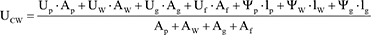 U Index CW ist gleich U Index p mal A Index p plus U Index W mal A Index W plus U Index g mal A Index g plus U Index f mal A Index f plus Psi Index p mal l Index p plus Psi Index W mal l Index W plus Psi Index g mal I Index g dividiert durch A Index p plus A Index W plus A Index g plus A Index f