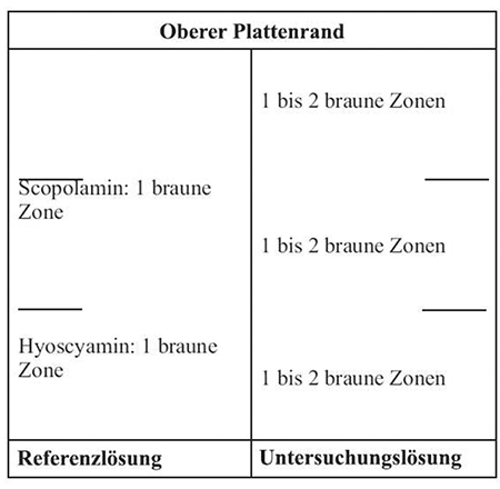 Das Chromatogramm der Referenzlösung zeigt im unteren Drittel oberhalb der Mitte die braune Zone des Hyoscyamins. Die braune Zone des Scopolamins liegt im mittleren Drittel am Übergang zum oberen Drittel. Im Chromatogramm der Untersuchungslösung treten unterhalb von Hyoscyamin ein bis zwei braune Zonen auf. Weitere ein bis zwei braune Zonen liegen zwischen Hyoscyamin und Scopolamin. Zwischen Scopolamin und der Fließmittelfront erscheinen ein bis zwei braune Zonen.