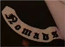 Das Kennzeichen zeigt einen nach unten hin gerundeten, weißen Bogen mit schwarzer Umrandung, der die Funktionsbeschreibung „Nomads“, übersetzt Nomade, in schwarzen Buchstaben enthält.