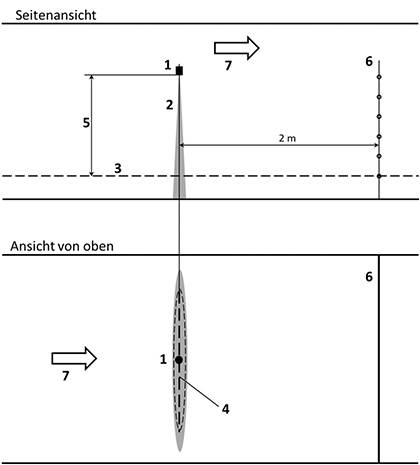 Darstellung der Seitenansicht und der Ansicht von oben der Messanordnung für Flachstrahldüsen mit vertikalem Spritzstrahl