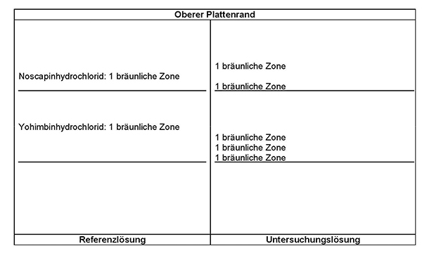 Das Chromatogramm der Referenzlösung zeigt im mittleren Drittel die bräunliche Zone des Yohimbinhydrochlorids und im oberen Drittel die bräunliche Zone des Noscapinhydrochlorids. Im Chromatogramm der Untersuchungslösung treten im mittleren Drittel unterhalb von Yohimbinhydrochlorid drei übereinanderliegende bräunliche Zonen auf. Im oberen Drittel erscheint unter- und oberhalb von Noscapinhydrochlorid jeweils eine weitere bräunliche Zone.