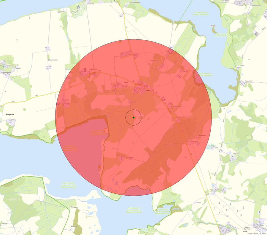 Kartendarstellung der Lage der Flugsicherungseinrichtung und des Anlagenschutzbereichs
