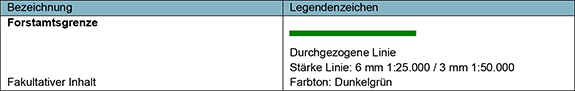 Das Bild zeigt eine Tabelle, die in zwei Hauptspalten unterteilt ist. In der linken Spalte mit der Überschrift „Bezeichnung“ steht der Begriff „Forstamtsgrenze“. Darunter befindet sich die Information, dass es sich hierbei um einen „Fakultativen Inhalt“ handelt. In der rechten Spalte, betitelt mit „Legendenzeichen“, ist ein grünes Legendenzeichen zu sehen, das eine durchgezogene Linie darstellt. Unterhalb des Zeichens sind die Eigenschaften dieser Linie beschrieben: Der Text „Durchgezogene Linie“ beschreibt das dargestellte Symbol. „Stärke Linie: 6 mm 1:25.000 / 3 mm 1:50.000“ gibt die Dicke der Linie an, abhängig vom Maßstab der Karte. „Farbton: Dunkelgrün“ beschreibt die Farbe der Linie.