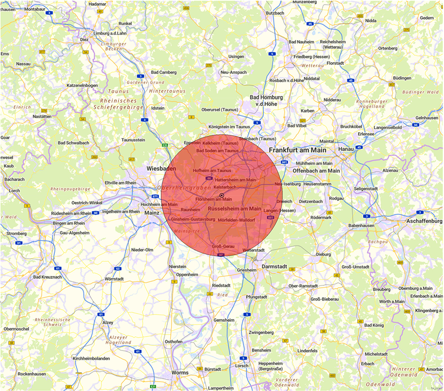 Kartendarstellung der Lage der Flugsicherungseinrichtung und des Anlagenschutzbereichs