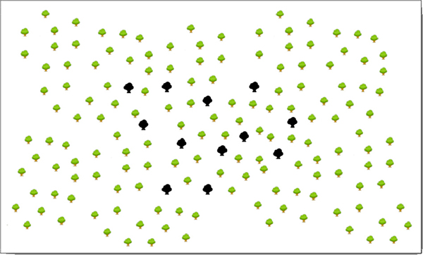 schwarze Bäume = befallene Bäume; grüne Bäume = unbefallene Bäume