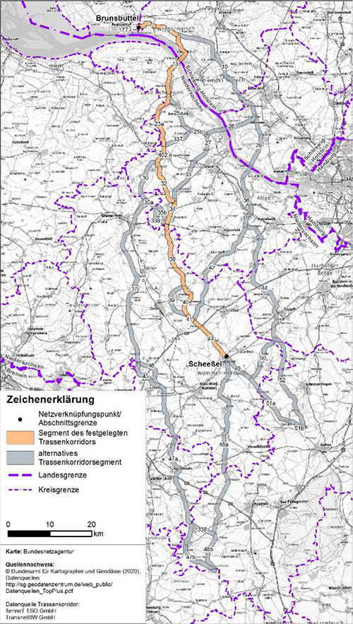 Abbildung 8: Darstellung des festgelegten Trassenkorridors für das Vorhaben 3 BBPlG, Abschnitt A
