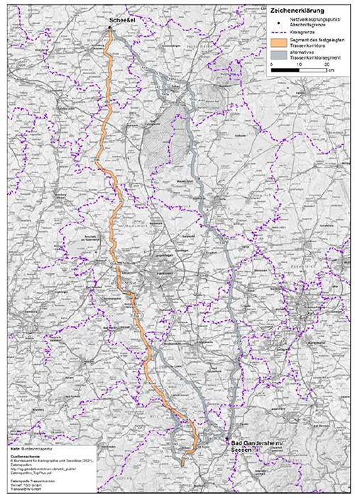 Abbildung 14: Darstellung des festgelegten Trassenkorridors für das Vorhaben 4 BBPlG, Abschnitt B