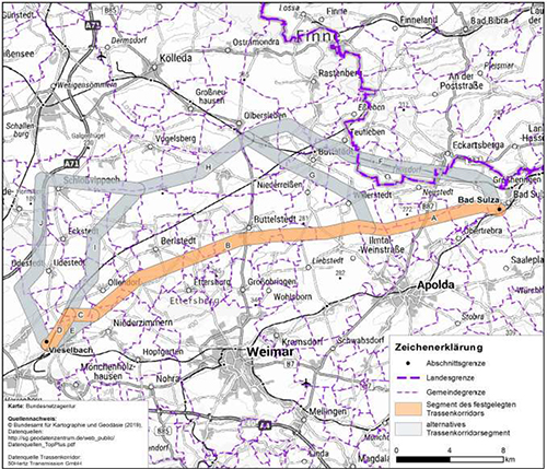 Abbildung 24: Darstellung des festgelegten Trassenkorridors für das Vorhaben 13 BBPlG, Abschnitt West
