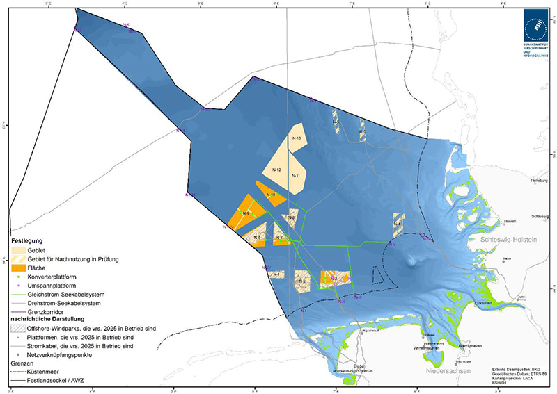 Abbildung 31: Darstellung der im FEP 2020 festgelegten Korridore für Gleichstrom-Seekabelsysteme. Quelle: Bundesamt für Seeschifffahrt und Hydrographie.