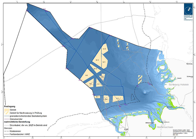 Abbildung 32: Darstellung der genehmigten und geplanten grenzüberschreitenden Seekabelsysteme aus dem FEP 2020. Quelle: Bundesamt für Seeschifffahrt und Hydrographie.
