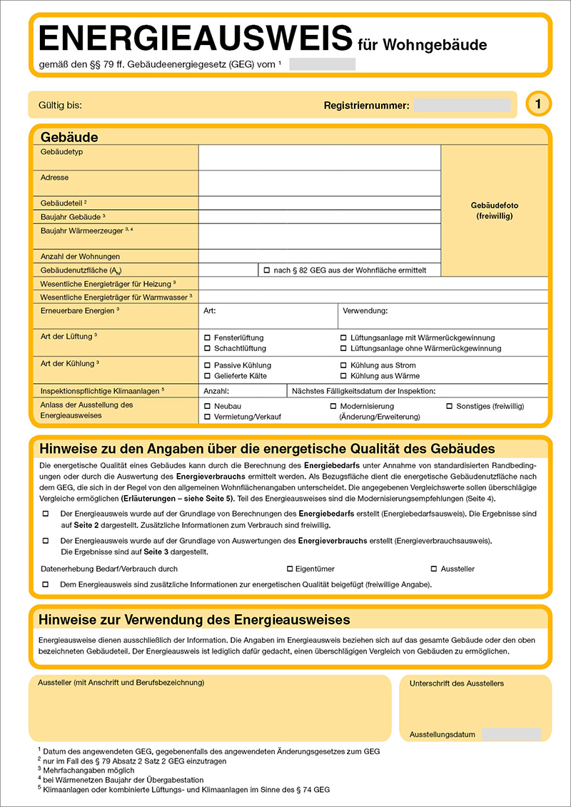 Energieausweis für Wohngebäude: Wesentliche Energieträger, Baujahr Gebäude, Art der Lüftung, Kühlung.