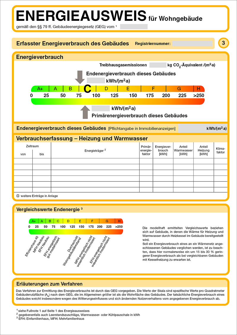 Energieverbrauchsausweis für Wohngebäude: Endenergieverbrauch und Primärenergieverbrauch des Gebäudes, Verbrauchserfassung, Vergleichswerte Endenergie.