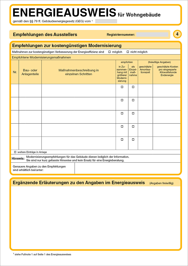 Energieausweis für Wohngebäude: Empfehlungen zur kostengünstigen Modernisierung.