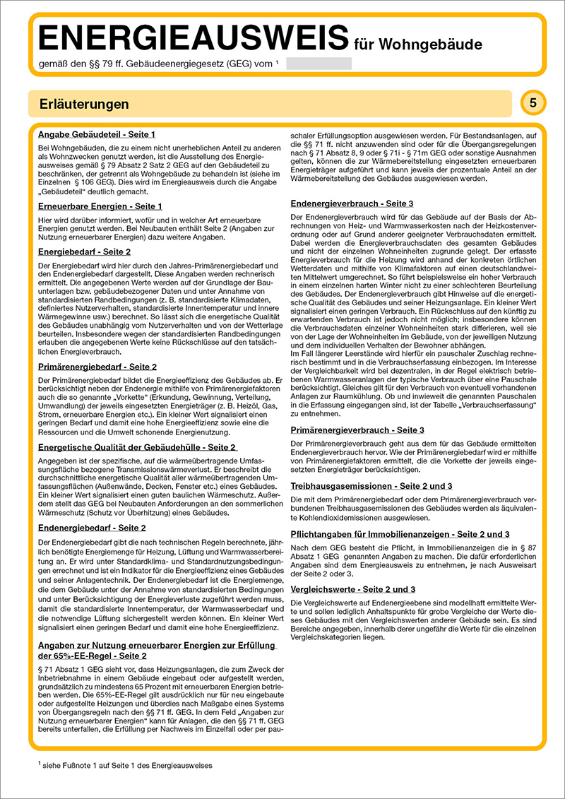 Energieausweis für Wohngebäude: Erläuterungen zu Gebäudeteil, Energiebedarf, Nutzung erneuerbarer Energien, Energieverbrauch.