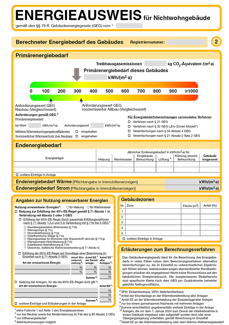 Energiebedarfsausweis für Nichtwohngebäude: Energiebedarf des Gebäudes, Nutzung erneuerbarer Energie, Gebäudezonen.