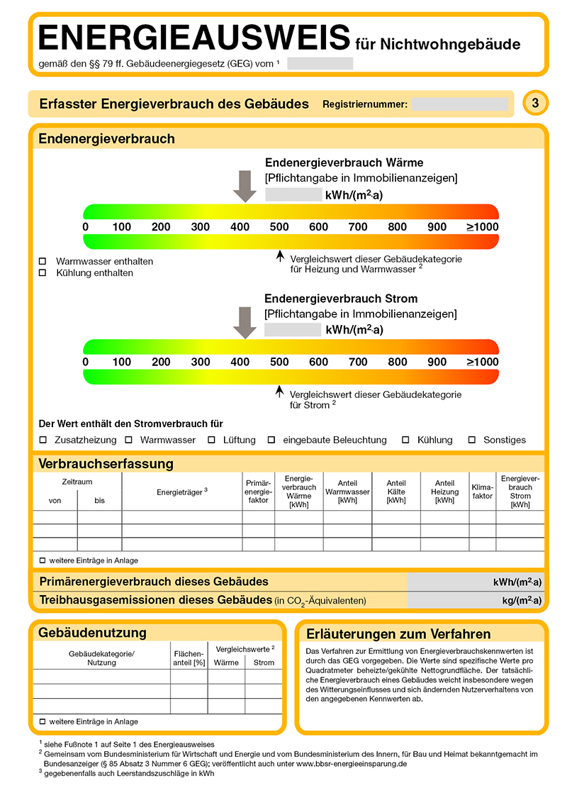 Energieverbauchsausweis für Nichtwohngebäude: Endenergieverbrauch Wärme und Strom, Verbrauchserfassung, Gebäudenutzung.