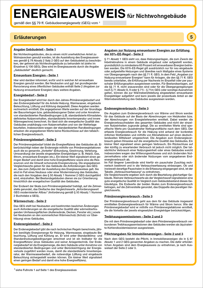 Energieausweis für Nichtwohngebäude: Erläuterungen zu Gebäudeteil, Energiebedarf, Wärmeschutz, Nutzung erneuerbarer Energien, Energieverbrauch.