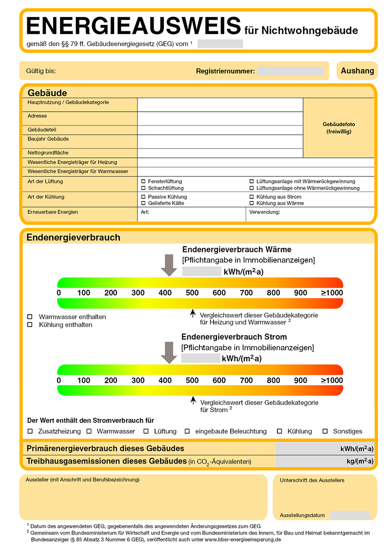 Muster Aushang Energieausweis für Nichtwohngebäude: Endenergieverbrauch Wärme und Strom.