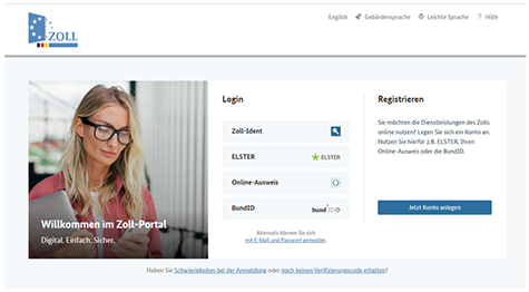 Abbildung 1: Screenshot, der den Zugang mit den Anmeldemöglichkeiten im Zoll-Portal anzeigt.