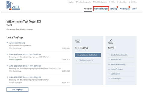 Abbildung 2: Startseite im Zoll-Portal, unter anderem mit den Auswahlmöglichkeiten der Dienstleistungen