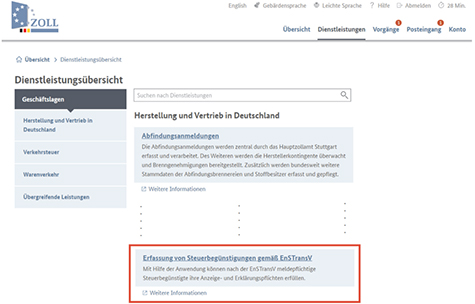 Abbildung 3: Startseite im Zoll-Portal mit der hervorgehobenen Dienstleistung „Erfassung von Steuerbegünstigungen gemäß EnSTransV“.
