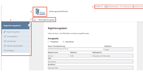 Abbildung 5: Screenshot der Kopfzeile und des seitlichen Menüs. Kopfzeile von links nach rechts: Sanduhr = Timeout-Funktion, Gebärdensprache, Leichte Sprache und Button „Zurück ins Zoll-Portal“