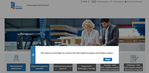 Abbildung 7: Screenshot, der die Meldung „Bitte ergänzen und bestätigen Sie zunächst unter „Meine Registrierungsdaten“ die benötigten Angaben.“ zeigt.
