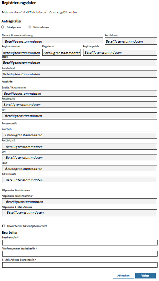 Abbildung 8: Screenshot der Registrierungsdaten wie zum Beispiel Name/​Firmenbezeichnung und Anschrift