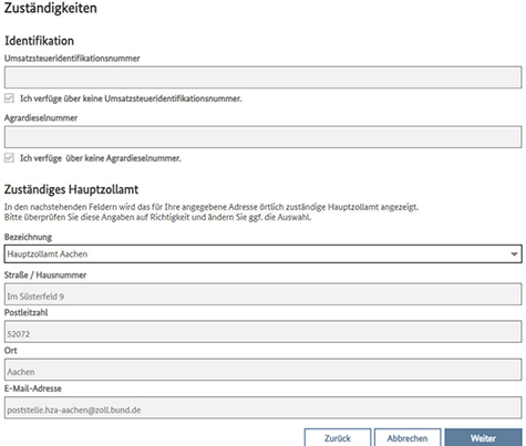Abbildung 9: Screenshot der Maske mit der Umsatzsteueridentifikationsnummer, der Agrardieselnummer und dem zuständigen Hauptzollamt.