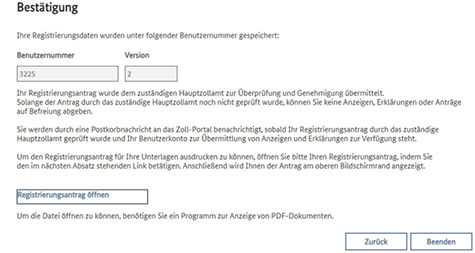 Abbildung 13: Screenshot von der Bestätigung der Registrierungsdaten.