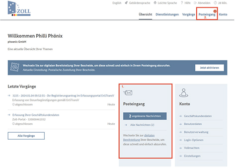 Abbildung 14: Darstellung des Posteingangs im Zoll-Portal