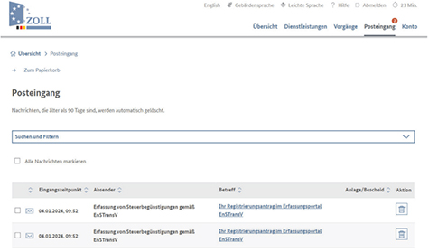 Abbildung 15: Darstellung des Posteingangs im Zoll-Portal; es werden die bereits erhaltenen Nachrichten als Übersicht angezeigt.