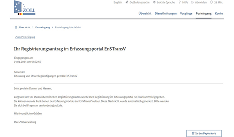Abbildung 16: Mitteilungstext über die Freigabe der Registrierung im Erfassungsportal zur EnSTransV